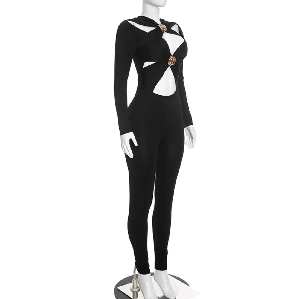 FLARORA Sexy Hollow Out Jumpsuits Woman Trend Metal Buckle Decoration Full Sleeve Skinny Peach Hip Party Club Street Overalls