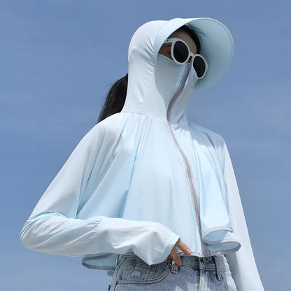 Summer UV Resistant Ice Silk Outdoor Large Brimmed Jacket, Breathable Loose Fitting Women's Sun Protection Clothing with Cape