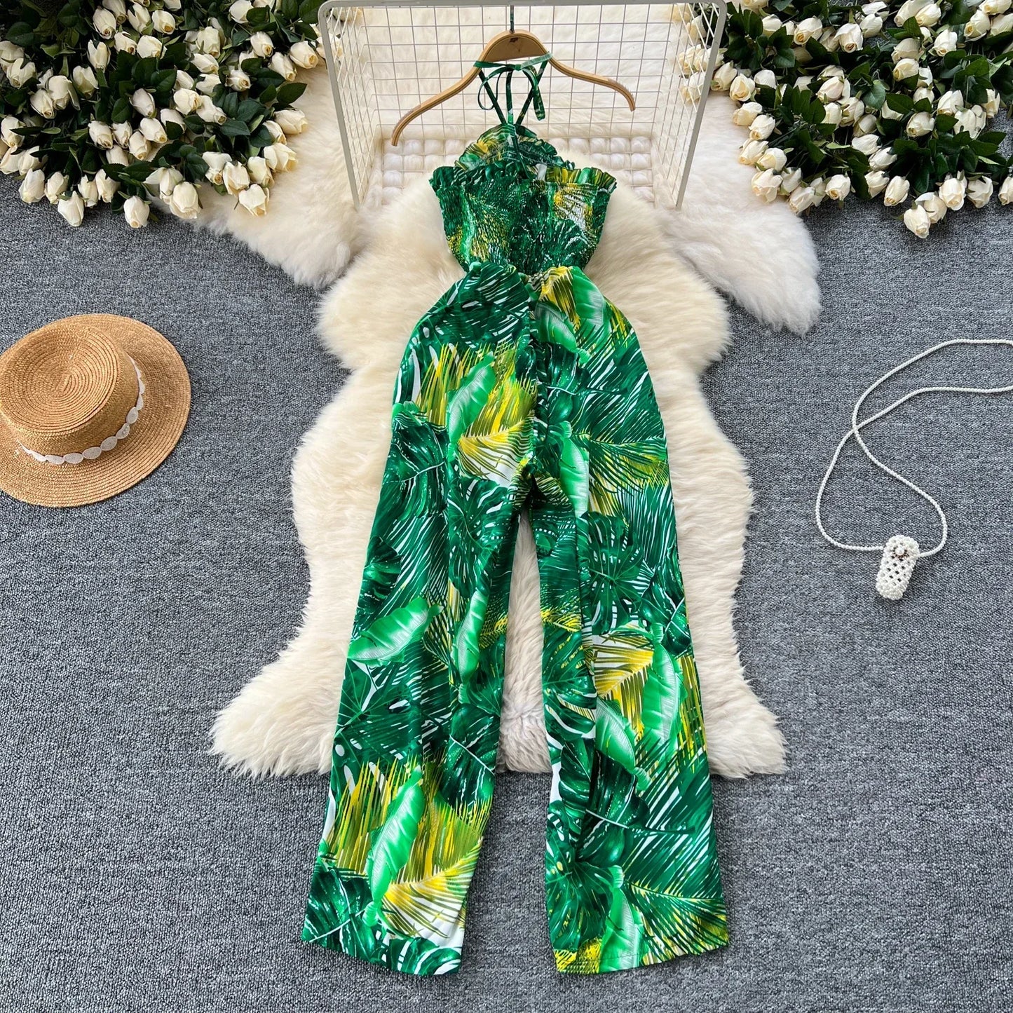 2024 New Summer Sexy Bohemian Leaf Print Jumpsuits Women Sleeveless Sexy Long Jumpsuit Mujer Casual Holiday Beach Rompers