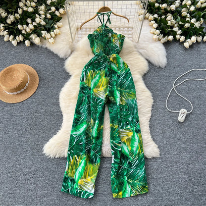 2024 New Summer Sexy Bohemian Leaf Print Jumpsuits Women Sleeveless Sexy Long Jumpsuit Mujer Casual Holiday Beach Rompers