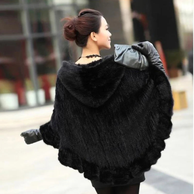 Fashion Women Fur Shawl Winter Knitted Real Mink Fur Stole With Fur Hood Knitted Mink Poncho Pashmina