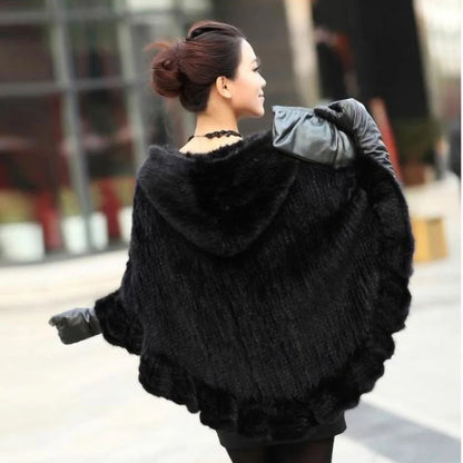 Fashion Women Fur Shawl Winter Knitted Real Mink Fur Stole With Fur Hood Knitted Mink Poncho Pashmina