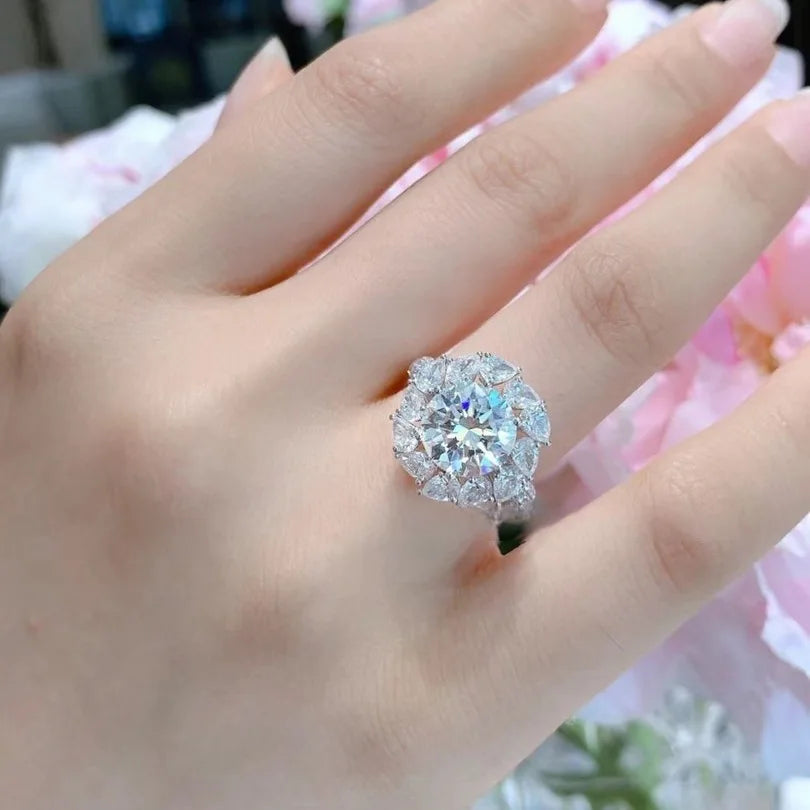 Women's PT950 Platinum Bouquet Moissanite Ring 3CT 3D Flower Head Vine Twist Band Engagement Anniversary Eternal Gift Band