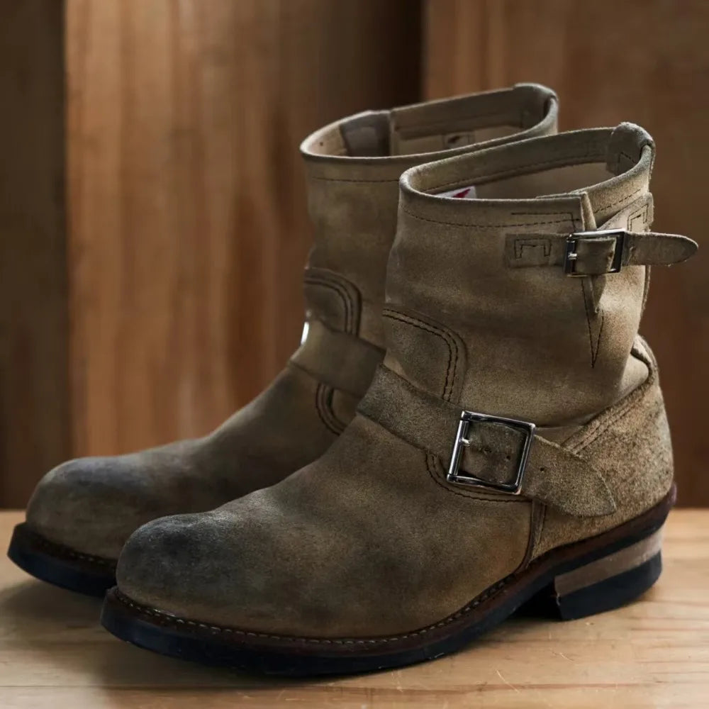 Men's Khaki Cow Suede Work Boots Mid-Calf Engineer Boots Faded Metal Buckle Strap Motorcycle Knight Boots Sewing