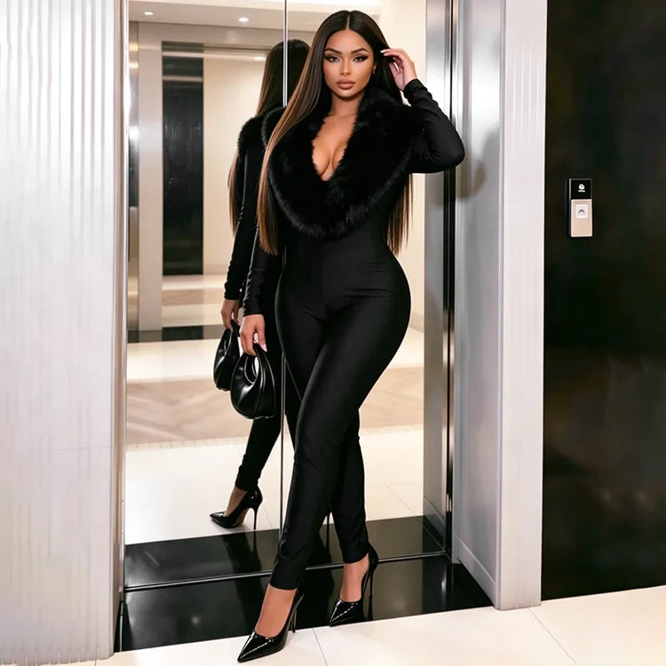 FAGADOER Women Fall Winter Bodycon Jumpsuit Faux Fur Collar Long Sleeve Deep V Neck Slim Fit Sexy Club Party One Piece Outfit