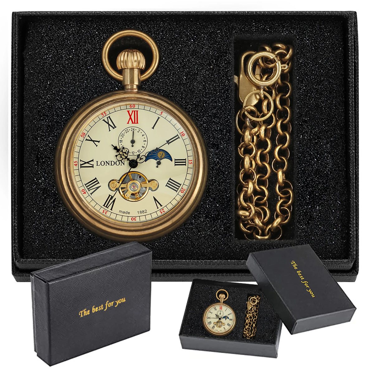 New Luxury Vintage Mechanical Pocket Watch Multifunctional Moon Hand Wind Fob Chain Watches Relogio De Bolso Gifts for Men Woman