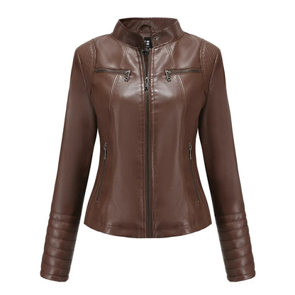 2026 Women's Bright Red V-neck Leather Jacket, Fashion Slim PU Coat, Black Short Outerwear Asia Size XS S M L XL XXL