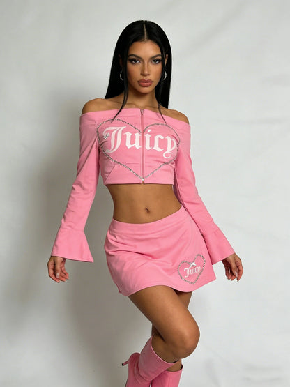 French Style Personalized Sexy Design Trend Loose Retro Printed Spicy Girl Skirt Pants Sweet Style One Shoulder Set