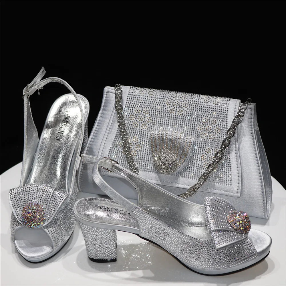 2025 New Hot Selling Sliver Sexy Design Round Toe Ladies Sandal with Bag Set For Women Wedding Party