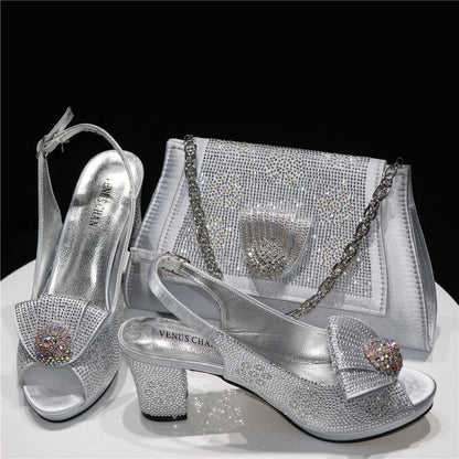2025 New Hot Selling Sliver Sexy Design Round Toe Ladies Sandal with Bag Set For Women Wedding Party