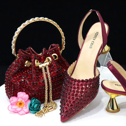 Elegant Multicolor Rhinestone Slingback Heels & Bucket Bag Set Luxury Crystal Matching Kit for Wedding Party Evening Bridal Form
