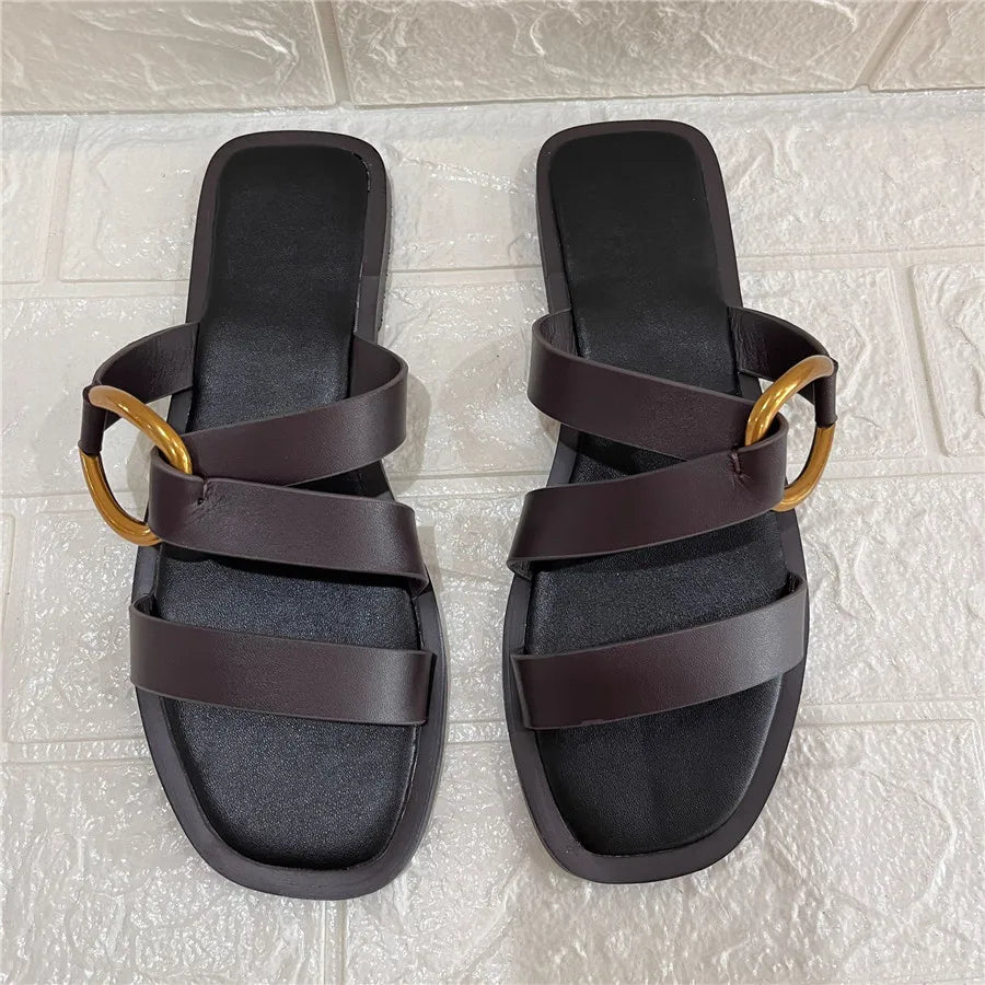 Metal Ring Summer Half Slippers Women Flat Beach Shoes Casual Outside Slides Black Designer Gladiator Sandals Luxury Footwear