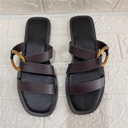 Metal Ring Summer Half Slippers Women Flat Beach Shoes Casual Outside Slides Black Designer Gladiator Sandals Luxury Footwear