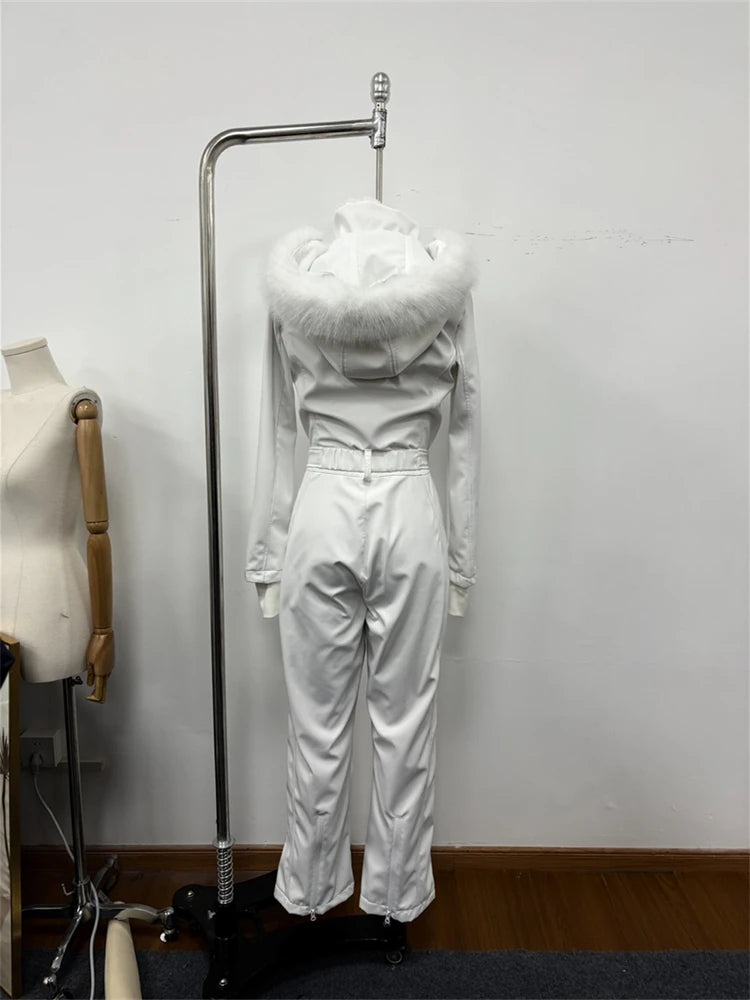 Women's Chic White Hooded Ski Jumpsuit with Waist Belt Warm Snowproof One-Piece Snow Wear Winter Sports Fashion Lady Snowsuit