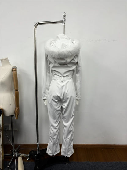 Women's Chic White Hooded Ski Jumpsuit with Waist Belt Warm Snowproof One-Piece Snow Wear Winter Sports Fashion Lady Snowsuit