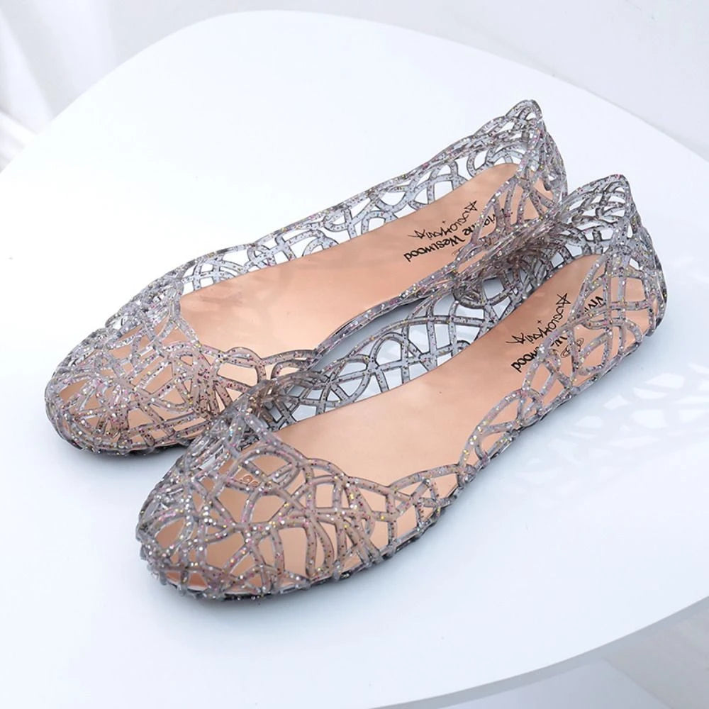 Comfortable Flat-soled Women Sandals Clear Shallow Mouth Beach Jelly Shoes Breathable Hollow Out Bling Sandals Footwear
