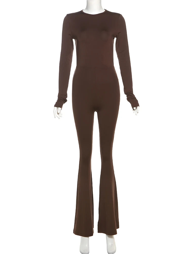 SIsterlinda Solid Sexy Backless Bodycon Wide Leg Jumpsuit Women Autumn Casual Slim Long Sleeve O-Neck Playsuit Lady Streetwear
