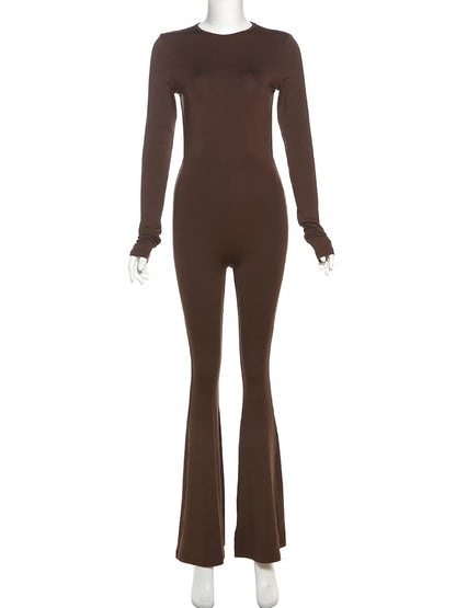 SIsterlinda Solid Sexy Backless Bodycon Wide Leg Jumpsuit Women Autumn Casual Slim Long Sleeve O-Neck Playsuit Lady Streetwear