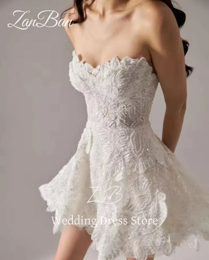 ZanBan Luxury Full Beads Lace Mini Short Wedding Dresses Sweetheart Sleeveless Bride Dress Formal Prom Dress Customized