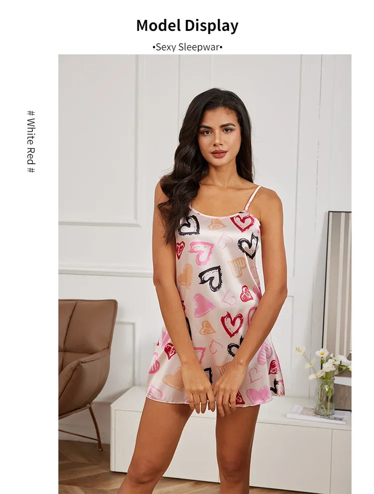 Ladies Sexy Sling Nightgown Nightdress Women's Sexy Lingerie Silk Satin Sleepwear Floral Pinting Nightwear Homewear Mini Dress