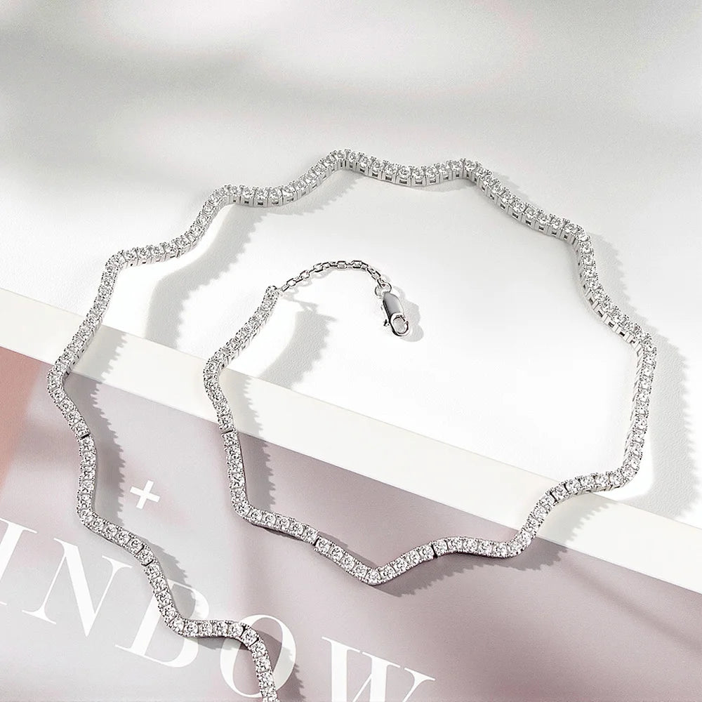 2mm Full Moissanite Wave Tennis Necklaces 925 Sterling Silver Luxury Bridal Necklace Adjustable Choker for Women Jewelry Gift