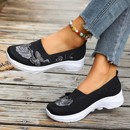 2026 Summer Women Breathable Knit Floral Embroidery Platform Loafers Slip On Walking Shoes Lightweight Soft Cushion Insole Anti Slip Wedge Sole Comfort Casual Daily Outdoor Travel Nurse Footwear Black Khaki Green Multiple Siz