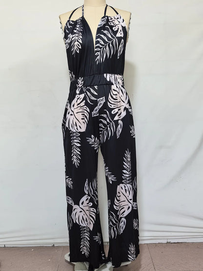 New Summer Sleeveless Halter Jumpsuits for Women Backless Print Lace-up Wide-leg Women Jumpsuit Rompers Womens Jumpsuit
