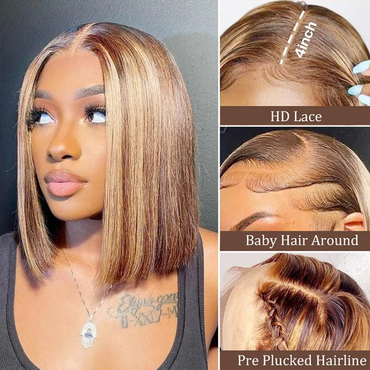 Highlight 13x4 Lace Front Bob Wig Human Hair P4/27 Honey Blonde Straight Bob Wig Human Hair Pre Plucked with Baby Hair