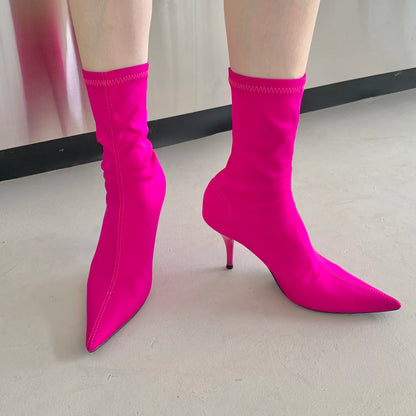 2026 New Spring Autumn Stretch Fabric Women Ankle Boots Sexy Pointed Toe High Heels Fashion Female Socks Pumps Shoes