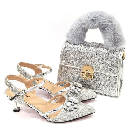 Venus Chan 2022 Nigerian Fashionable Silver Color Peep Toe Shoes Matching Bag Set For Royal Ladies Wedding Party Sandal