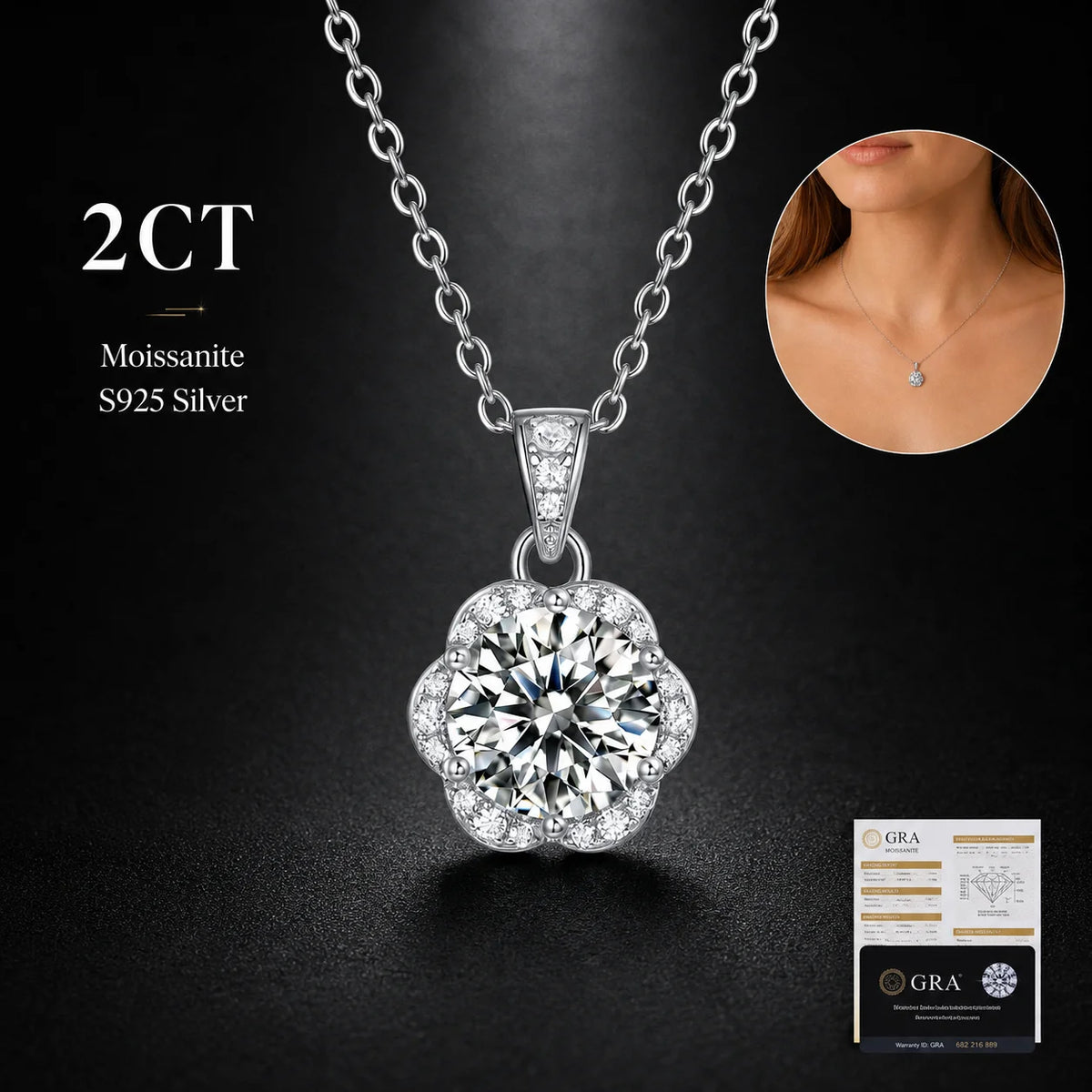S925 Silver Moissanite Pendant Necklace 2CT Round Cut Flower Halo Design for Women Bridal Party Birthday Jewelry Gift