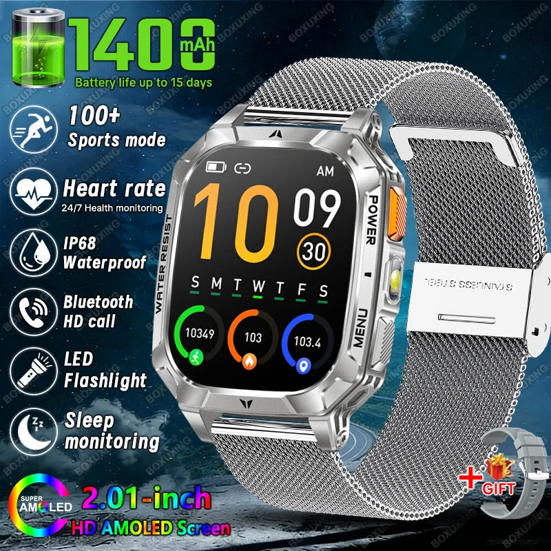 New 1400 mAh Battery Military Smartwatch Men IP68 Waterproof Flashlight Health Monitor Sports Call Smart Watch For iOS Android