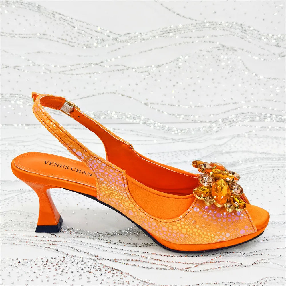 Elegant Orange Color 2025 Rhinestone High-Heels Shoes & Handbag Set – Luxury Wedding & Party Accessories