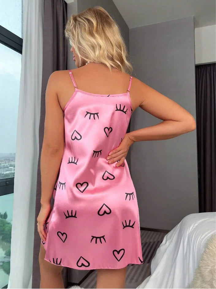 Ladies Sexy Sling Nightgown Nightdress Women's Sexy Lingerie Silk Satin Sleepwear Floral Pinting Nightwear Homewear Mini Dress