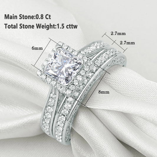 Newshe 2Pcs Genuine 925 Sterling Silver Moissanite /AAAAA Zircons Wedding Ring Set Halo Princess Cut Engagement Rings for Women