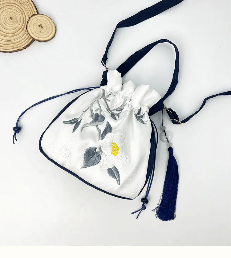 Chinese Style Retro Flower Embroidery Crossbody Top-handle Bags Women Shoulder Lace Drawstring Bucket Bag Coin Purses Handbags