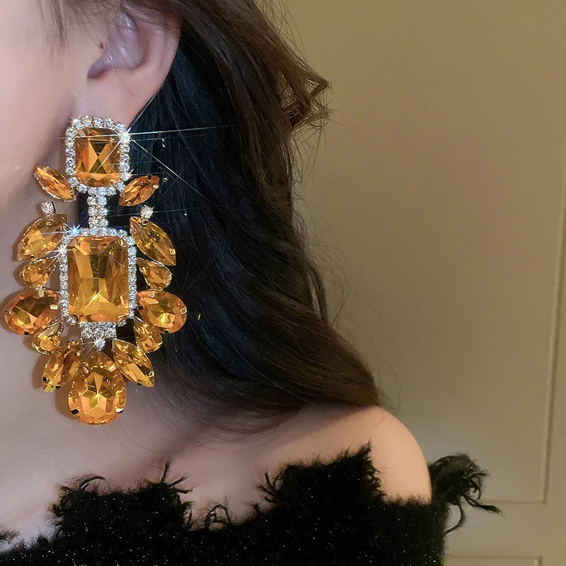 Orange Rhinestone Geometric Earrings for Women Retro Exaggerated Drop Earrings Temperament Party Accessories Girls Gifts