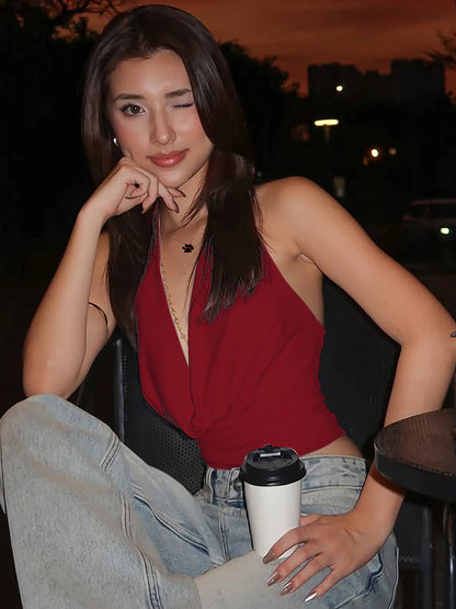 Dulzura Halter Swinging Collar Sleeveless Backless Bodycon Tank Top Solid Sexy Casual Y2K Tops Party Club Street Summer Clothes