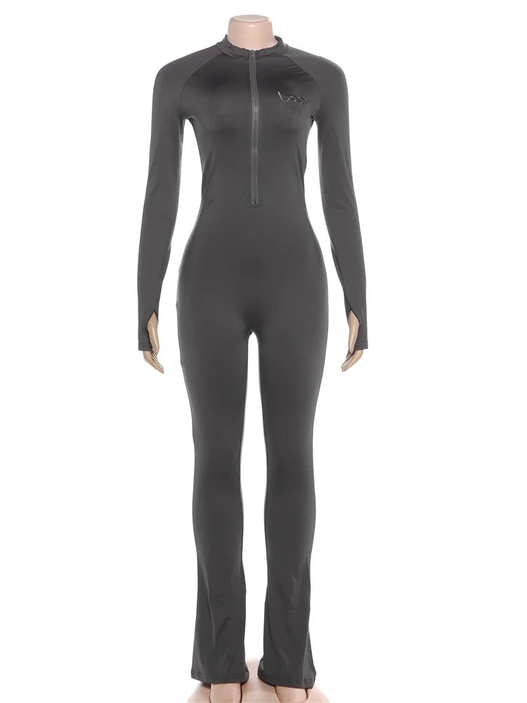 Weird Puss Basic Flared Jumpsuit Women Zip Letter Embroidery Full Sleeve Coquette Stretch Skinny Midnight Party Workout Overalls
