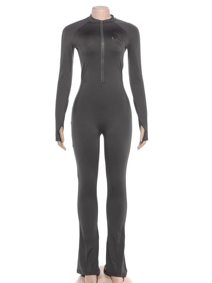Weird Puss Basic Flared Jumpsuit Women Zip Letter Embroidery Full Sleeve Coquette Stretch Skinny Midnight Party Workout Overalls