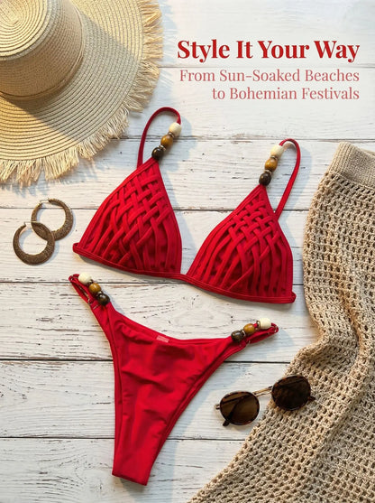 Sexy Brown Bikini Set 2026 Women Pearls Strap Hole Out Push Up Bra Thong Swimsuit Brazilian Beach Bathing Suit Micro Swimwear