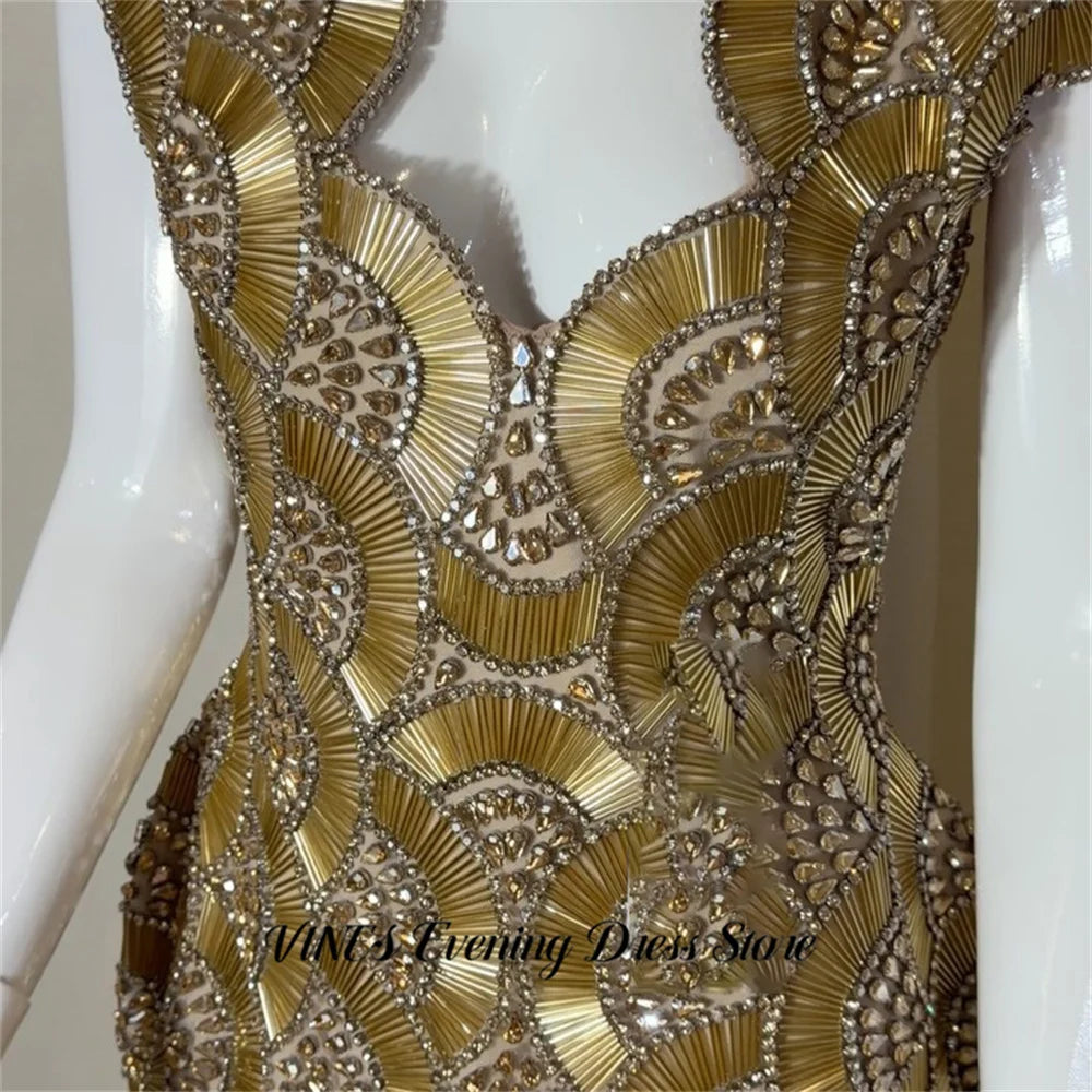 VINES Golden Party Dress Tank Evening Dresses Beading On Chest Party Gown Straight Tassel Prom Gown for Women Simple Customized