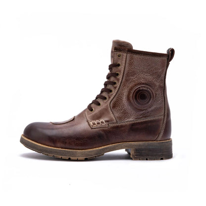 Men's Motorcycle Boots Retro Leather Lace Up Side Zipper Water Resistant Rubber Sole Casual Riding Ankle Boots for Street Travel
