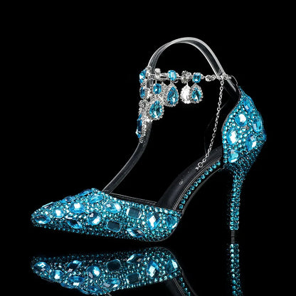 2024 Autumn Slim Heels Shallow Mouth Luxury Blue Water Diamond Pearl Women Single Shoes 9CM Wedding Party Shoes Sandalias Mujer