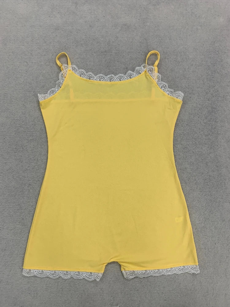 Summer Yellow Lace Trim Spaghetti Strap Slim Bodysuit Daily Casual Vacation Cute Sweet Y2K Comfy New Trendy Women's Romper