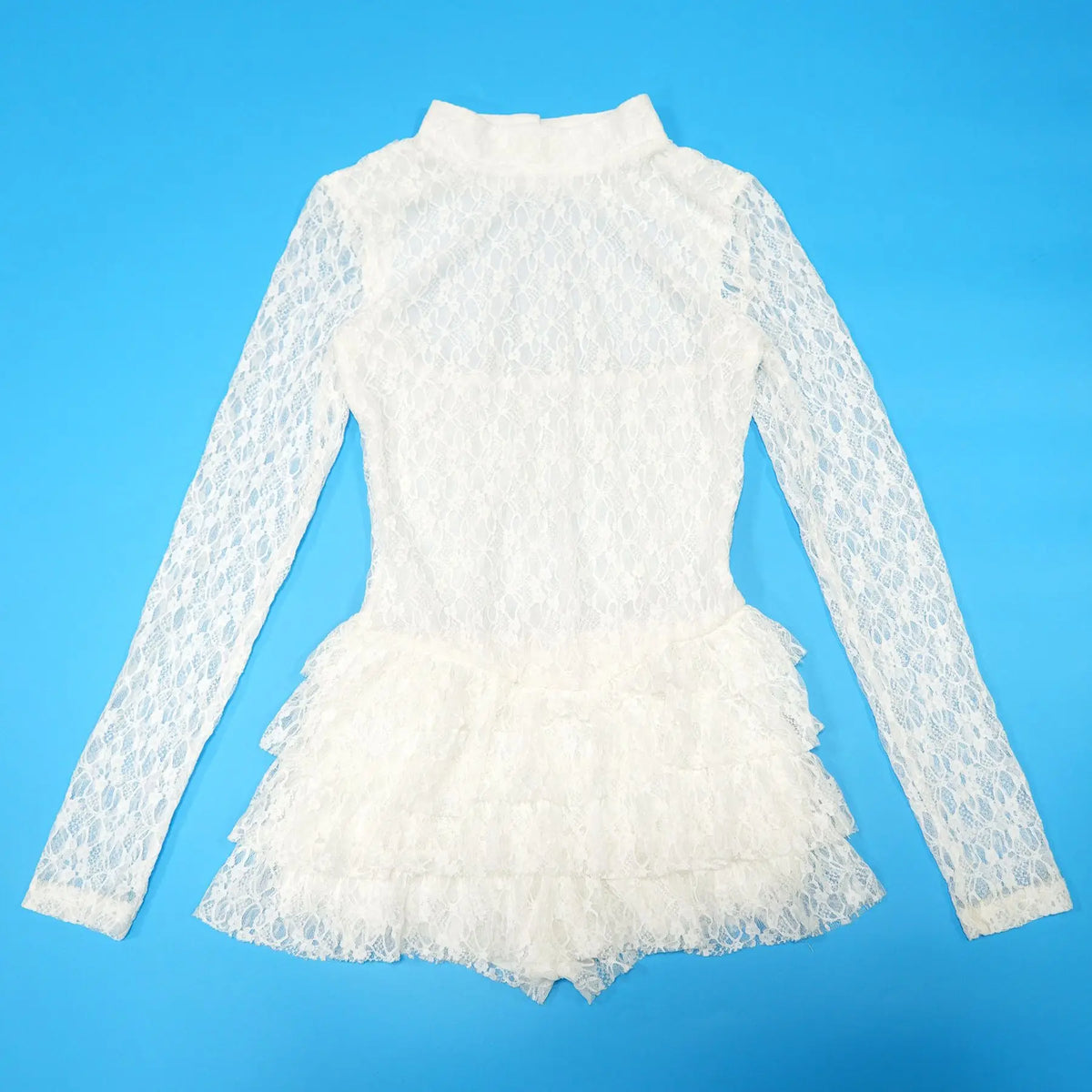 FAGADOER Sexy Lace Ruffle Patchwork Bodycon Romper Woman See Through Long Sleeves One Piece Jumpsuits Female Nightclub Overalls