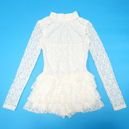 FAGADOER Sexy Lace Ruffle Patchwork Bodycon Romper Woman See Through Long Sleeves One Piece Jumpsuits Female Nightclub Overalls