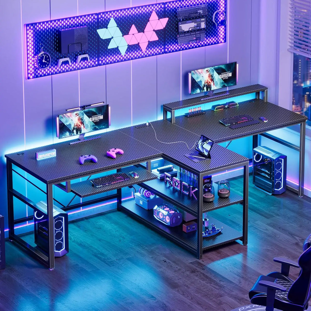 94.5" 2 Person Gaming Desk with Storage Shelves, LED Light, Black | Double T Shaped Office Desk with Keyboard Tray,, Custom