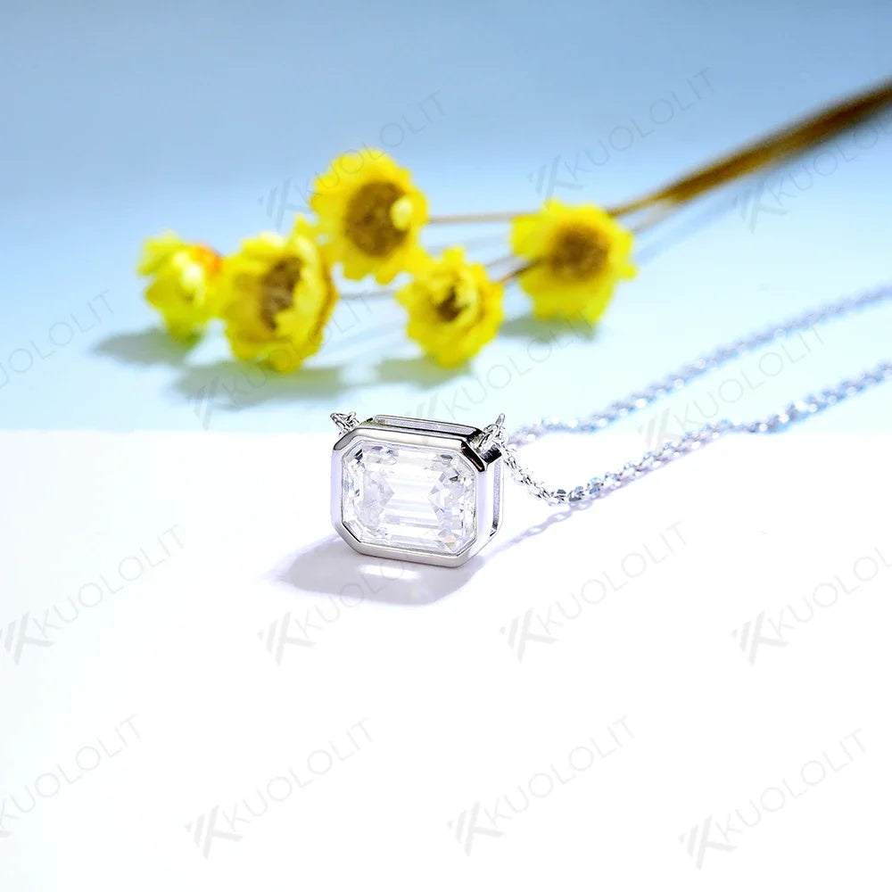 Kuololit 2CT Emerald cut Moissanite Necklaces For Women Solid 925 Sterling Silver Bezel set Necklace for Engagement Bridal Gift