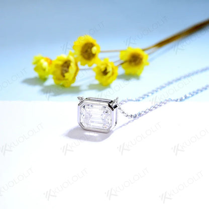 Kuololit 2CT Emerald cut Moissanite Necklaces For Women Solid 925 Sterling Silver Bezel set Necklace for Engagement Bridal Gift